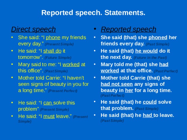 Reported speech. Statements. Reported speech She said (that) she phoned her friends every day. (Past Simple) He said (that) he would do it the next day.  (Future in the Past) Mary told me (that) she had worked at that office. (Past Perfect) Mother told Carrie (that) she had not seen any signs of beauty in her for a long time. (Past Perfect) He said (that) he could solve that problem.  (Past Simple) He said (that) he had to leave.  (Past Simple)  Direct speech She said: “I phone my friends every day.” (Present Simple) He said: “I shall do it tomorrow”. (Future Simple) Mary said to me: “I worked at this office”. (Past Simple) Mother told Carrie: “I haven’t seen signs of beauty in you for a long time.” (Present Perfect)