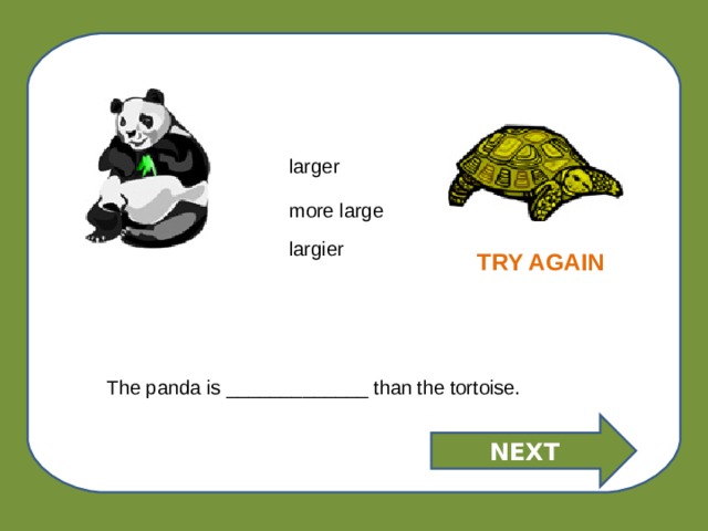 larger more large largier TRY AGAIN The panda is _____________ than the tortoise. NEXT