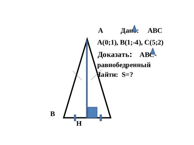 А Дано: ABC  А(0;1), В(1;-4), С(5;2)  Доказать : ABC-  равнобедренный  Найти: S=?     В C  H