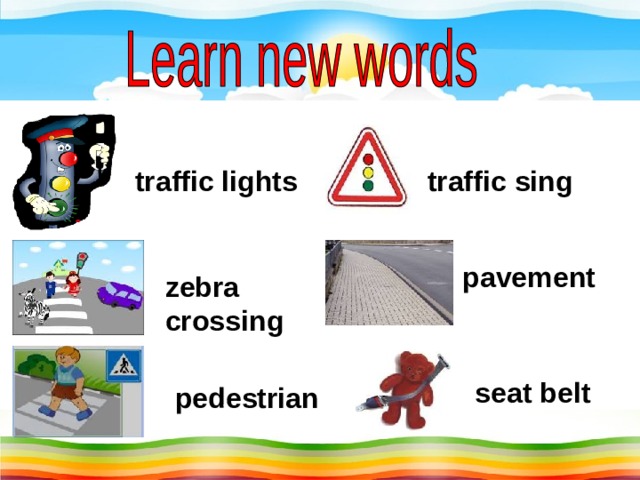 traffic lights traffic sing pavement zebra crossing seat belt pedestrian