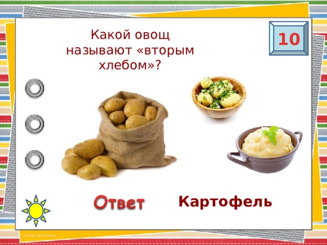 10 Какой овощ называют «вторым хлебом»? Картофель