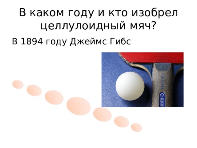В каком году и кто изобрел целлулоидный мяч? В 1894 году Джеймс Гибс