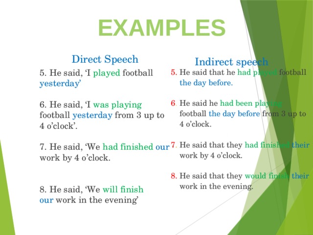 Examples Direct Speech Indirect speech 5. He said, ‘I played football yesterday’  5. He said that he had played football the day before. 6. He said, ‘I was playing football yesterday from 3 up to 4 o’clock’. 6 . He said he had been playing football the day before from 3 up to 4 o’clock. 7. He said, ‘We had finished our work by 4 o’clock. 7 . He said that they had finished  their work by 4 o’clock. 8. He said that they would finish their work in the evening. 8. He said, ‘We will finish our work in the evening’