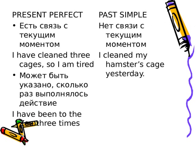 PRESENT PERFECT PAST SIMPLE Нет связи с текущим моментом I cleaned my hamster’s cage yesterday. Есть связь с текущим моментом I have cleaned three cages, so I am tired Может быть указано, сколько раз выполнялось действие I have been to the Zoo three times