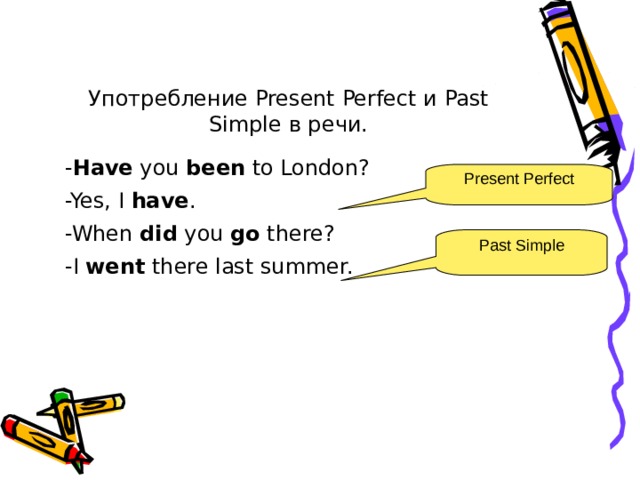 Употребление Present Perfect и Past Simple в речи. - Have you been to London? -Yes, I have . -When did you go there? -I went there last summer. Present Perfect Past Simple