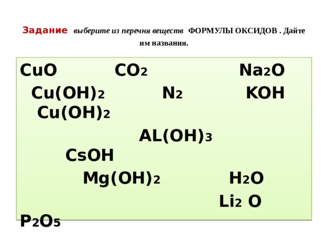 Задание  выберите из перечня веществ ФОРМУЛЫ ОКСИДОВ . Дайте им названия. СuO CO 2 Na 2 O  Cu(OH) 2 N 2 KOH Cu(OH) 2   AL(OH) 3 CsOH  Mg(OH) 2 H 2 O  Li 2 O P 2 O 5  Fe 2 O 3