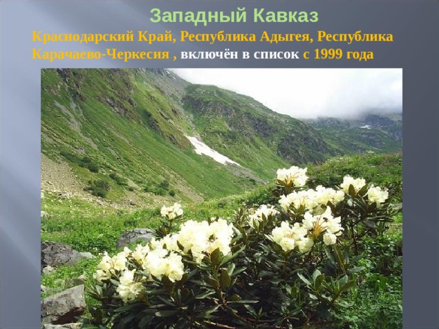 Западный Кавказ  Краснодарский Край, Республика Адыгея, Республика Карачаево-Черкесия , включён в список с 1999 года