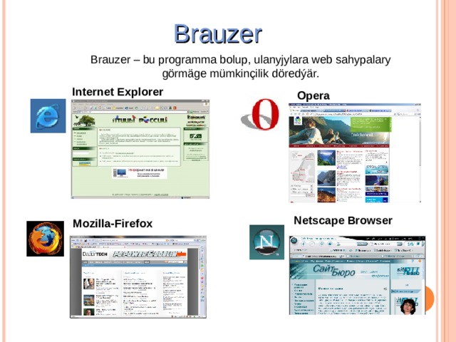 Brauzer B rauzer – bu programma bolup, ulanyjylara web sahypalary görmäge mümkinçilik döredýär. Internet Explorer Opera Netscape Browser M ozilla- F irefox
