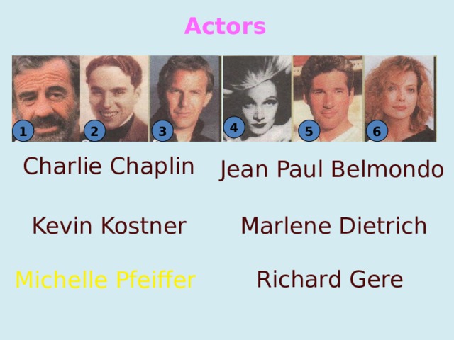 Actors 4 2 3 5 6 1 Charlie Chaplin Jean Paul Belmondo Kevin Kostner Marlene Dietrich Richard Gere Michelle Pfeiffer