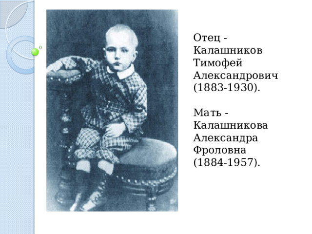 Отец - Калашников Тимофей Александрович (1883-1930). Мать - Калашникова Александра Фроловна (1884-1957).