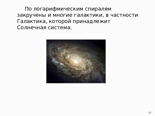 По логарифмическим спиралям закручены и многие галактики, в частности Галактика, которой принадлежит Солнечная система.