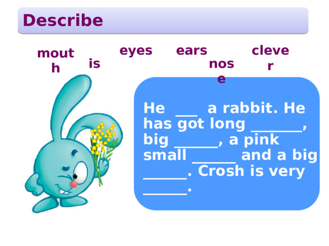 Describe eyes ears clever mouth is nose He ___ a rabbit. He has got long _______, big ______, a pink small ______ and a big ______. Crosh is very ______.