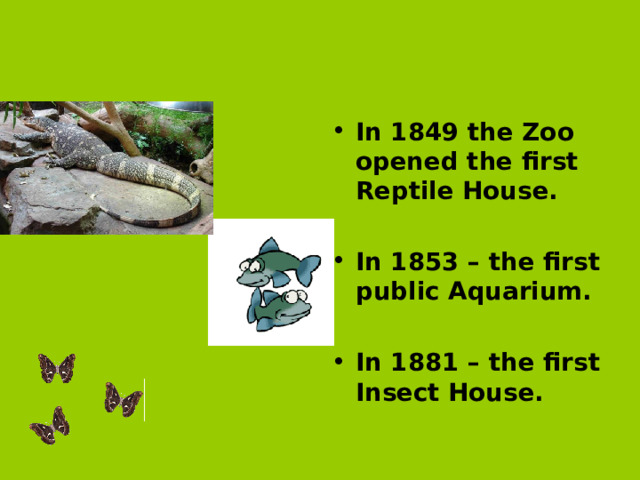 In 1849 the Zoo opened the first Reptile House.  In 1853 – the first public Aquarium.  In 1881 – the first Insect House.