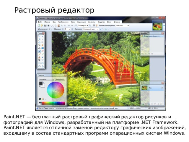Растровый редактор Paint.NET — бесплатный растровый графический редактор рисунков и фотографий для Windows, разработанный на платформе .NET Framework. Paint.NET является отличной заменой редактору графических изображений, входящему в состав стандартных программ операционных систем Windows.