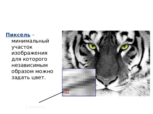 Пиксель – минимальный участок изображения для которого независимым образом можно задать цвет. 1 пиксель