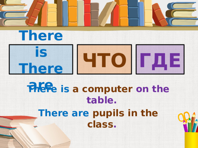 There is ГДЕ ЧТО There are There is a computer on the table. There are pupils in the class . Под запись в тетрадь