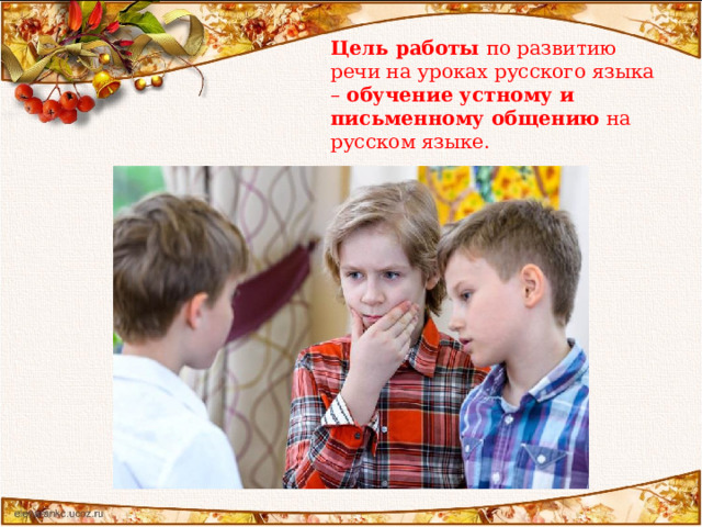 Цель работы по развитию речи на уроках русского языка – обучение устному и письменному общению на русском языке.