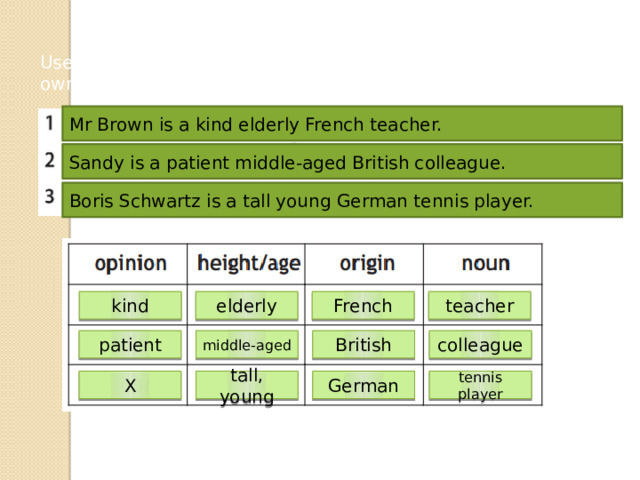 Use the adjecives to describe the people (1-3). Then make your own sentences. Mr Brown is a kind elderly French teacher. Sandy is a patient middle-aged British colleague. Boris Schwartz is a tall young German tennis player. French teacher elderly kind patient middle-aged colleague British X tall, young German tennis player