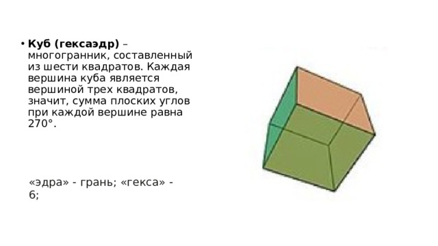 Куб (гексаэдр)  – многогранник, составленный из шести квадратов. Каждая вершина куба является вершиной трех квадратов, значит, сумма плоских углов при каждой вершине равна 270 ° .