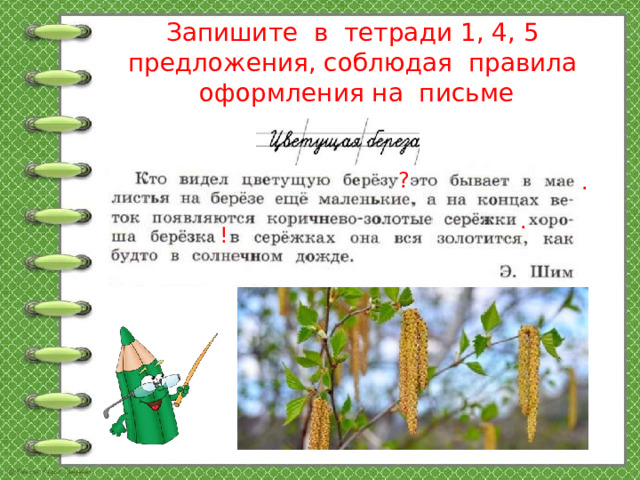 Запишите в тетради 1, 4, 5 предложения, соблюдая правила оформления на письме ? . . !