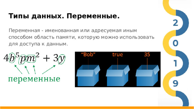 Типы данных. Переменные. Переменная - именованная или адресуемая иным способом область памяти, которую можно использовать для доступа к данным.