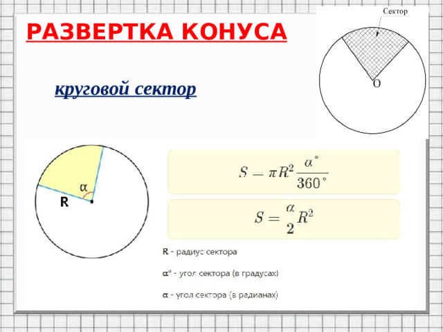 РАЗВЕРТКА КОНУСА  круговой сектор