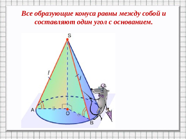 Все образующие конуса равны между собой и составляют один угол с основанием.