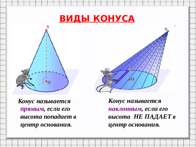 ВИДЫ КОНУСА Конус называется наклонным , если его высота НЕ ПАДАЕТ в центр основания.  Конус называется прямым , если его высота попадает в центр основания.