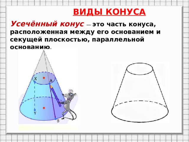 ВИДЫ КОНУСА Усечённый конус —  это часть конуса, расположенная между его основанием и секущей плоскостью, параллельной основанию . 