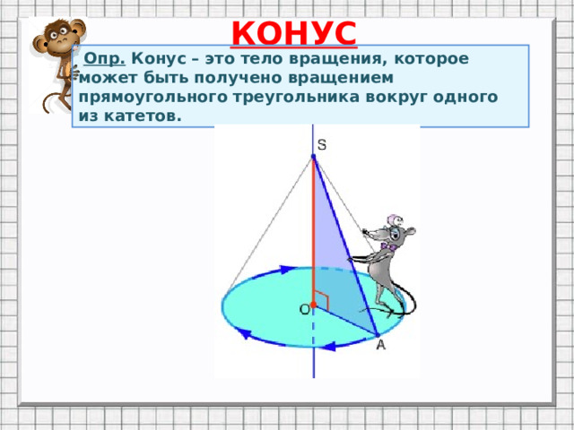 КОНУС  Опр. Конус – это тело вращения, которое может быть получено вращением прямоугольного треугольника вокруг одного из катетов. Анимация по щелчку мыши