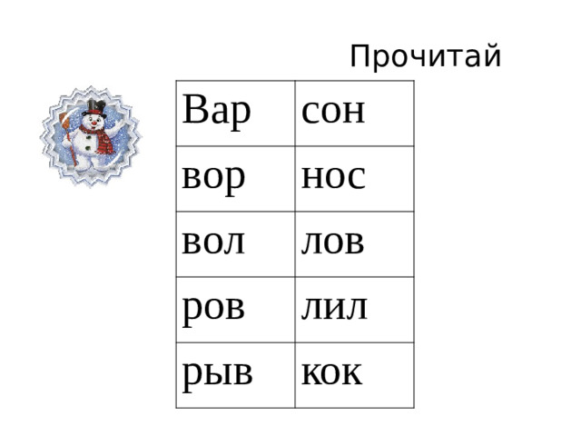 Прочитай Вар сон вор нос вол лов ров лил рыв кок