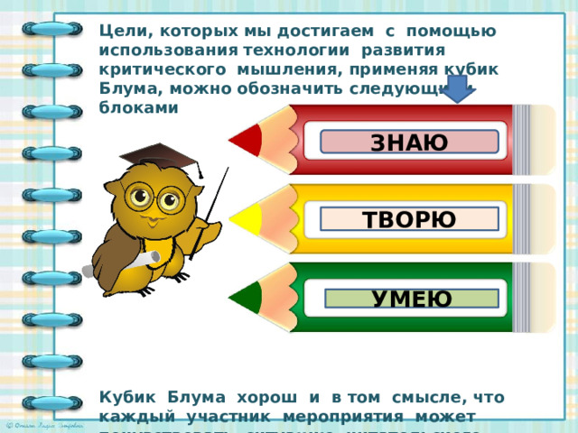 Цели, которых мы достигаем с помощью использования технологии развития критического мышления, применяя кубик Блума, можно обозначить следующими блоками                Кубик Блума хорош и в том смысле, что каждый участник мероприятия может почувствовать ситуацию читательского успеха, ответив на вопрос. ЗНАЮ ТВОРЮ УМЕЮ