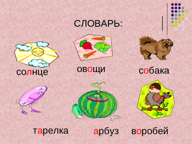 СЛОВАРЬ: ов о щи с о бака со л нце т а релка а рбуз в о робей