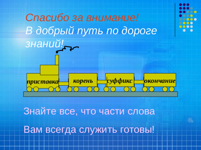 Спасибо за внимание!  В добрый путь по дороге знаний!   суффикс корень окончание приставка Знайте все, что части слова Вам всегда служить готовы!