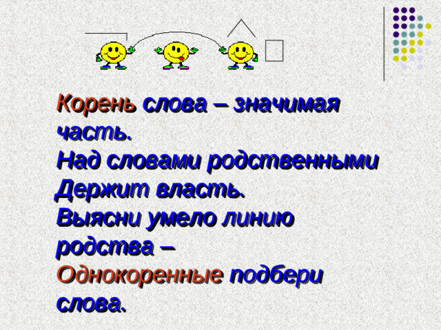 Корень слова – значимая часть.  Над словами родственными  Держит власть.  Выясни умело линию родства –  Однокоренные подбери слова.