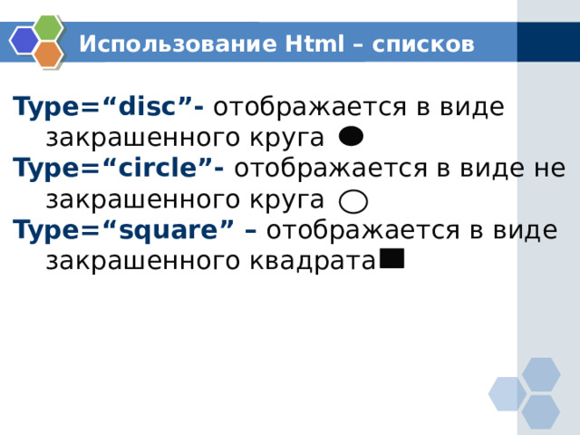 Использование Html – списков Type=“disc”- отображается в виде  закрашенного круга Type=“circle”- отображается в виде не  закрашенного круга Type=“square” – отображается в виде  закрашенного квадрата