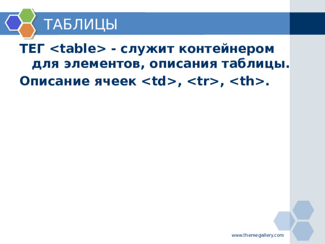 ТАБЛИЦЫ ТЕГ  - служит контейнером для элементов, описания таблицы. Описание ячеек , , .   www.themegallery.com