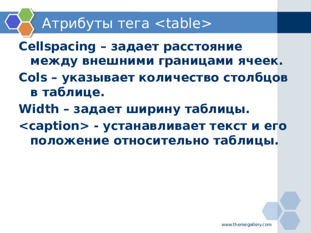 Атрибуты тега  Cellspacing – задает расстояние между внешними границами ячеек. Cols – указывает количество столбцов в таблице. Width – задает ширину таблицы.  - устанавливает текст и его положение относительно таблицы.   www.themegallery.com