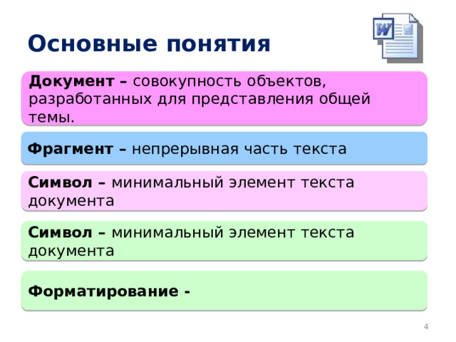 Основные понятия Документ – совокупность объектов, разработанных для представления общей темы. Фрагмент – непрерывная часть текста Символ – минимальный элемент текста документа Символ – минимальный элемент текста документа Форматирование -