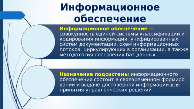 Информационное обеспечение   Информационное обеспечение — совокупность единой системы класси­фикации и кодирования информации, унифицированных систем документа­ции, схем информационных потоков, циркулирующих в организации, а также методология построения баз данных Назначение подсистемы информационного обеспечения состоит в своевременном формиро­вании и выдаче достоверной информации для принятия управленческих решений