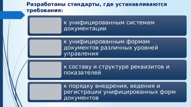 Разработаны стандарты, где устанавливаются требования:   к унифицированным системам документации к унифицированным формам документов различных уровней управления к составу и структуре реквизитов и показателей к порядку внедрения, ведения и регистрации унифицированных форм документов