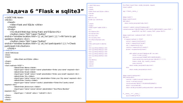 from flask import Flask, render_template, request import sqlite3 app = Flask(__name__) @app.route('/') @app.route('/home') def index():  return render_template('index.html') connect = sqlite3.connect('database.db') connect.execute( 'CREATE TABLE IF NOT EXISTS PARTICIPANTS (name TEXT, \  email TEXT, city TEXT, country TEXT, phone TEXT)') @app.route('/join', methods=['GET', 'POST']) def join():  if request.method == 'POST':  name = request.form['name']  email = request.form['email']  city = request.form['city']  country = request.form['country']  phone = request.form['phone']  with sqlite3.connect(