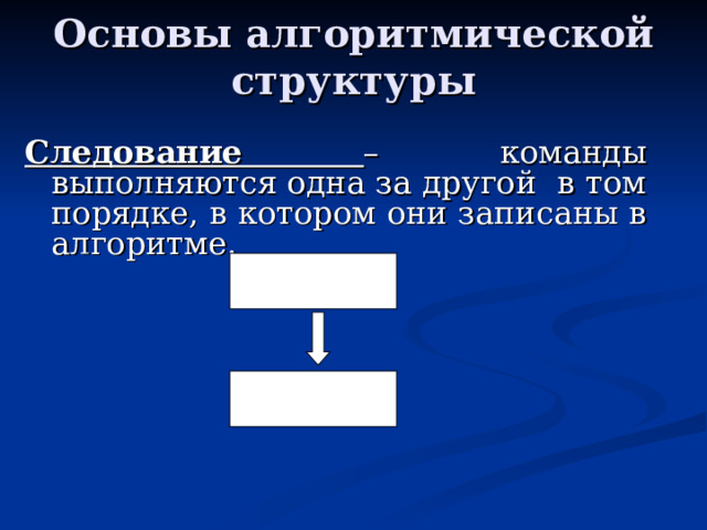 Основы алгоритмической структуры Следование – команды выполняются одна за другой в том порядке, в котором они записаны в алгоритме .