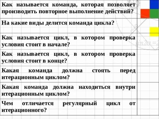 Как называется команда, которая позволяет производить повторное выполнение действий? На какие виды делится команда цикла? Как называется цикл, в котором проверка условия стоит в начале? Как называется цикл, в котором проверка условия стоит в конце? Какая команда должна стоять перед итерационным циклом? Какая команда должна находиться внутри итерационным циклом? Чем отличается регулярный цикл от итерационного?