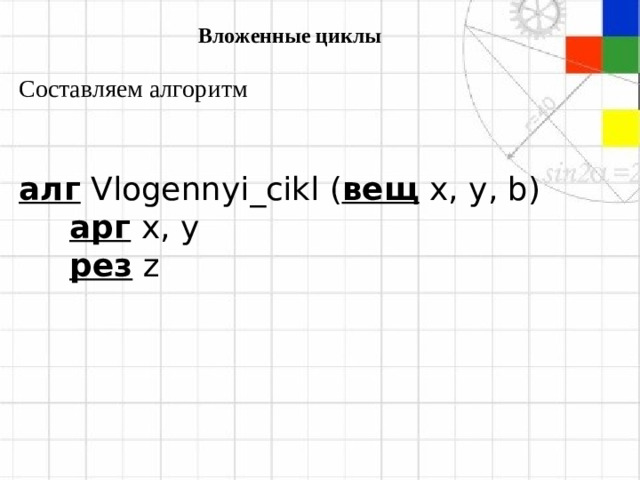 Вложенные циклы Составляем алгоритм алг  Vlogennyi _ cikl ( вещ  x , y , b )  арг  x, y  рез  z