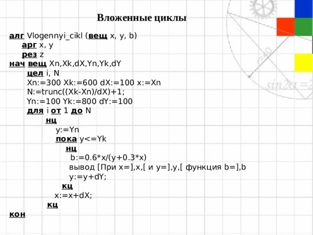 Вложенные циклы алг  Vlogennyi _ cikl ( вещ  x , y , b )  арг  x, y  рез  z нач  вещ  Xn , Xk , dX , Yn , Yk , dY  цел  i , N  Xn:=300 Xk:=600 dX:=100 x:=Xn  N:=trunc((Xk-Xn)/dX)+1;  Yn := 100 Yk := 800 dY := 100   для  i от 1 до  N    нц   y := Yn   пока  y   нц   b :=0.6* x /( y +0.3* x )  вывод [При x =], x ,[ и y =], y ,[ функция b =], b  y:=y+dY;  кц   x:=x+dX;   кц кон