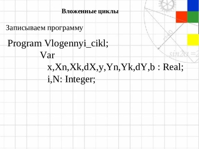 Вложенные циклы Записываем программу Program Vlogennyi_cikl;   Var   x,Xn,Xk,dX,y,Yn,Yk,dY,b : Real;   i,N: Integer;