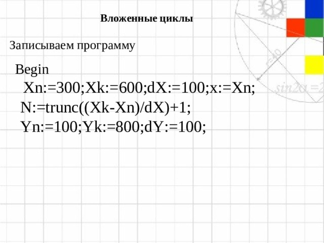 Вложенные циклы Записываем программу  Begin  Xn := 30 0; Xk := 600 ; dX := 100 ; x := Xn ;  N := trunc (( Xk - Xn )/ dX )+1;  Yn:=100;Yk:=800;dY:=100;