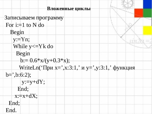 Вложенные циклы Записываем программу For i:=1 to N do   Begin   y:=Yn;   While y  Begin   b:= 0.6*x/(y+0.3*x);  WriteLn (‘При x =’, x :3:1,’ и y =’, y :3:1,’ функция b =’, b :6:2);  y:=y+dY;   End;   x:=x+dX;  End ; End .