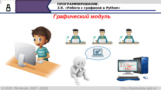 ПРОГРАММИРОВАНИЕ. 3.9. «Работа с графикой в Python» Графический модуль За время существования любого популярного языка, было написано много функций и классов, которые оказались востребованными многими программистами в разных областях. Включить весь этот код в сам язык если и возможно, то не целесообразно. Чтобы решить проблему доступа к различным возможностям языка в программировании стало общеизвестной практикой…. 16